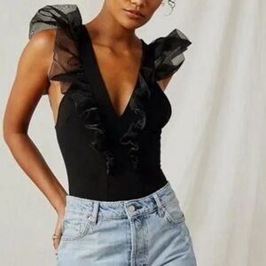 Free People Cream Ruffled Backless Bodysuit